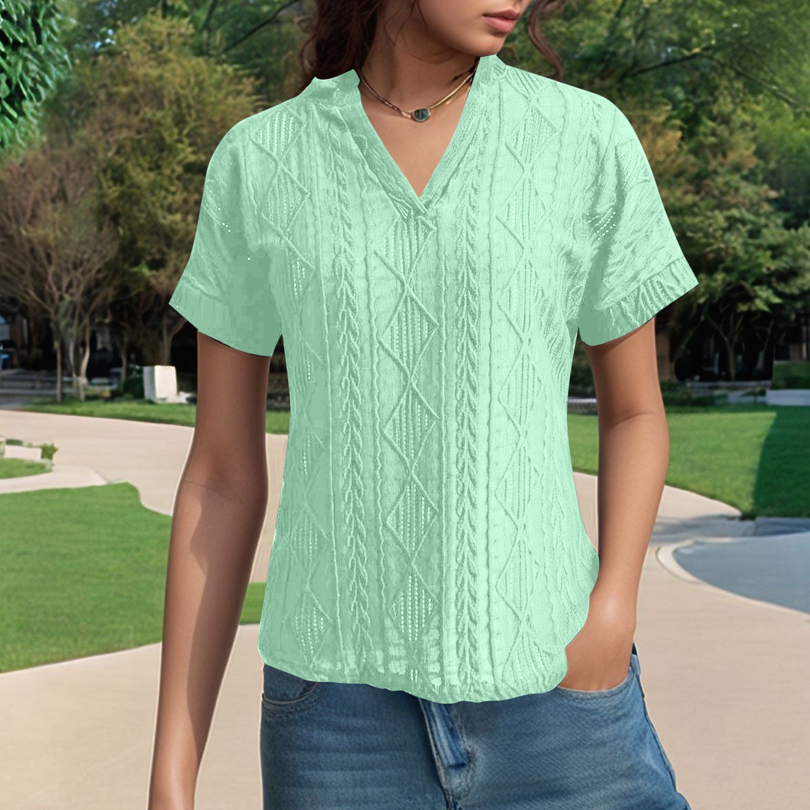 thumbnail image 2 of Camisa de punto jacquard holgada con cuello en V para mujer: manga corta, detalle de cordones, informal de verano, fácil de cuidar, 2 of 7